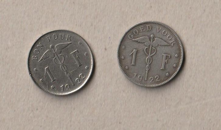 België : 2 (gebruikte) munten van 1 fr, 1922, NL en FR, Postzegels en Munten, Munten | België, Setje, Ophalen of Verzenden