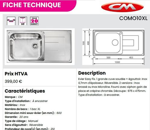 Evier de cuisine en Inox avec grande cuve et égouttoir, Huis en Inrichting, Keuken | Keukenelementen, Gebruikt, Ophalen