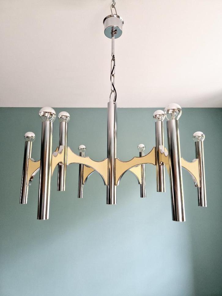Grote Space Age-kroonluchter in verchroomd metaal, Sciolari, Antiek en Kunst, Antiek | Verlichting, Ophalen