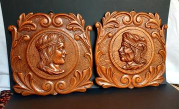 2 Bas-reliëfs in eiken hout van Tijl en Nele.... Handwerk..  beschikbaar voor biedingen