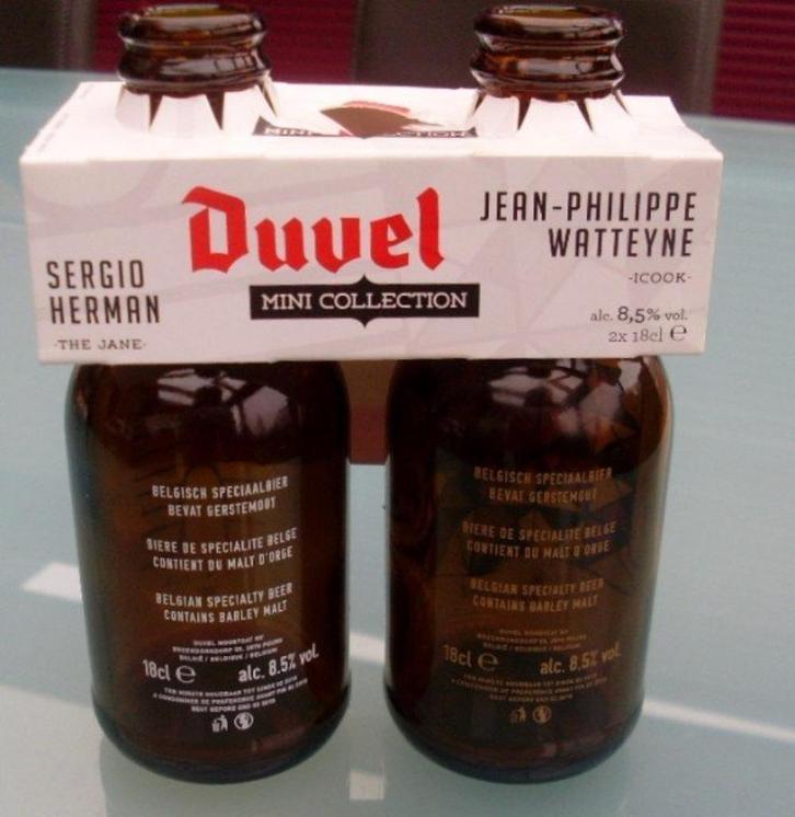 2 lege mini-flesjes van Duvel van 2 topcheps, Verzamelen, Biermerken, Gebruikt, Flesje(s), Duvel, Ophalen of Verzenden