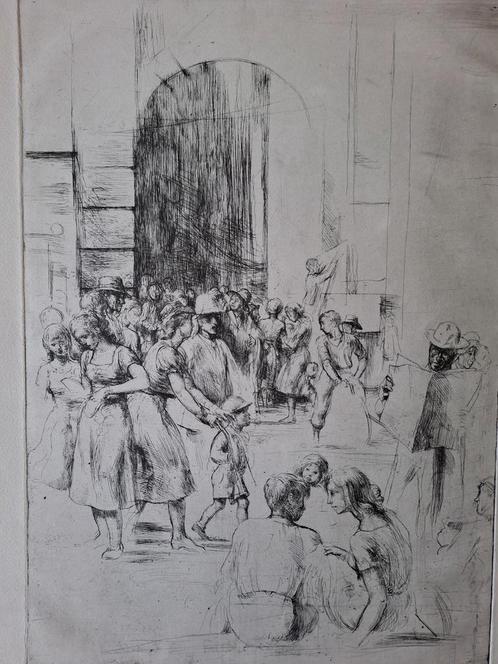 Grote ets van Jules Van Ael Mensen voor een toegangspoort, Antiek en Kunst, Kunst | Etsen en Gravures, Ophalen of Verzenden