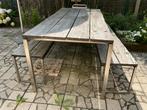 Tuintafel en banken met rvsn onderstel en houten blad., Tuin en Terras, Ophalen, Inox, Gebruikt, 6 zitplaatsen