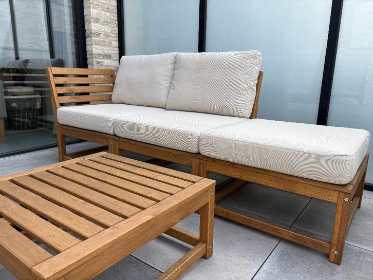 Loungeset, Tuin en Terras, Tuinsets en Loungesets, Zo goed als nieuw, Loungeset, Hout, 3 zitplaatsen, Bijzettafel, Stoel, Ophalen