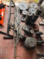 +/- 400kg aan gewichten + fitnestoestel domyos + accessoires, Sport en Fitness, Fitnessmaterialen, Ophalen, Gebruikt