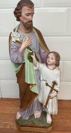 Antiek Beeld Sint-Jozef met Kind – 44 cm – Gesigneerd G.L.M., Enlèvement ou Envoi