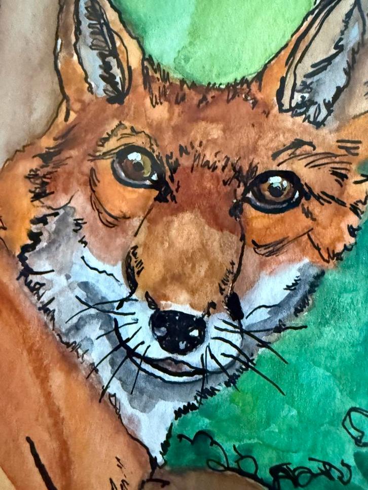 Schilderij /Aquarel Vos in het bos, Antiek en Kunst, Kunst | Schilderijen | Modern, Verzenden