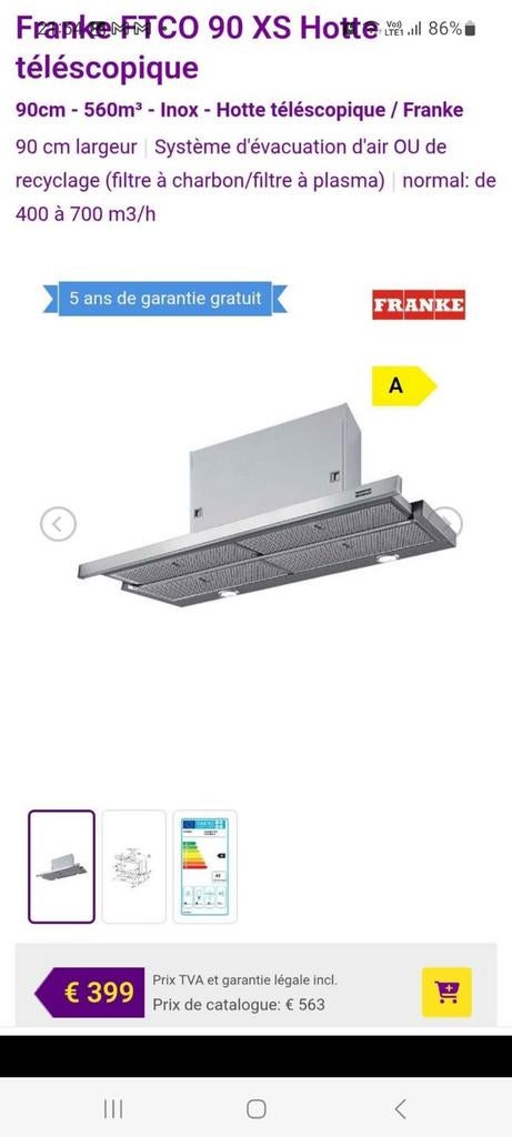 Hotte télescopique encastrable de marque FRANKE 90cm, Elektronische apparatuur, Afzuigkappen, Ophalen, Recirculatie