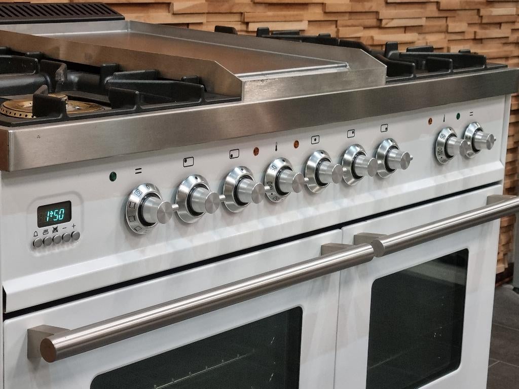 🔥Luxe Fornuis Boretti 100cm wit + rvs 5 pits frytop 2 ovens, Gaz, Classe énergétique A ou plus économe, Comme neuf, Enlèvement