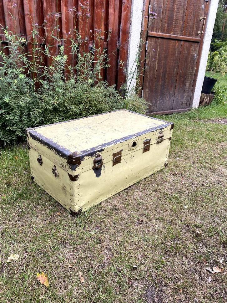 Grote gele kist industrieel - dekenkist, scheepskist, opslag, Huis en Inrichting, Woonaccessoires | Kisten, Gebruikt, Minder dan 50 cm