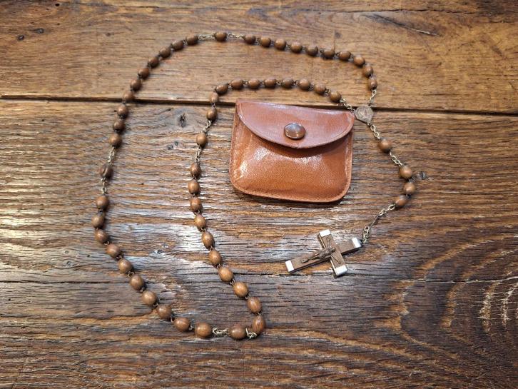 oude bruine houten paternoster met zakje, begin 1900, Antiek en Kunst, Antiek | Religieuze voorwerpen, Ophalen of Verzenden