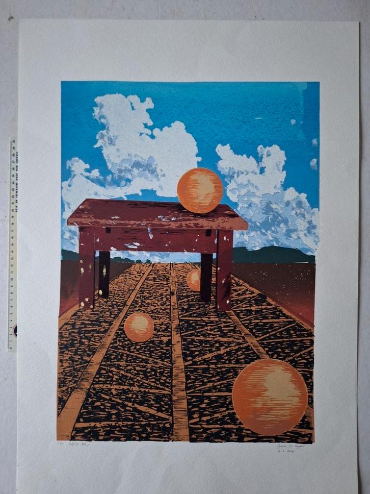 Kleurrijke zeefdruk van Anneke De Keyser "Tafeltje dek je", Antiquités & Art, Art | Lithographies & Sérigraphies, Enlèvement ou Envoi