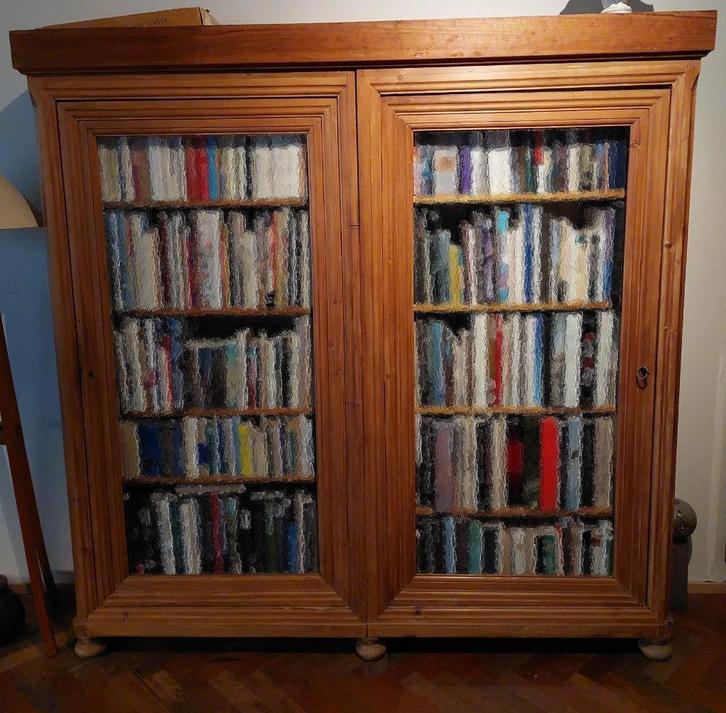 Dubbele Bibliotheekkast - pitch pine - deuren met glaspaneel, Huis en Inrichting, Kasten | Boekenkasten, Gebruikt, 150 tot 200 cm