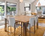 eiken eettafel 150x150 met 6 stoelen wit leder, Ophalen, Gebruikt