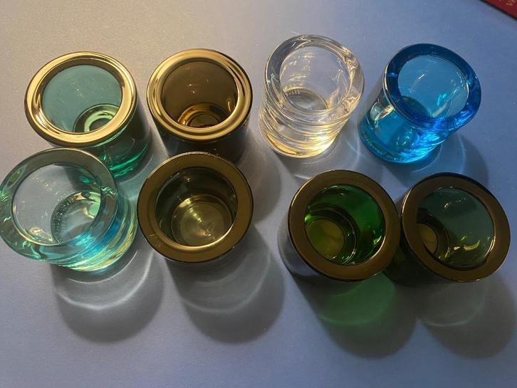 8 Marimekko-theelichtjes in gekleurd glas, Huis en Inrichting, Woonaccessoires | Kandelaars en Kaarsen, Zo goed als nieuw, Kandelaar