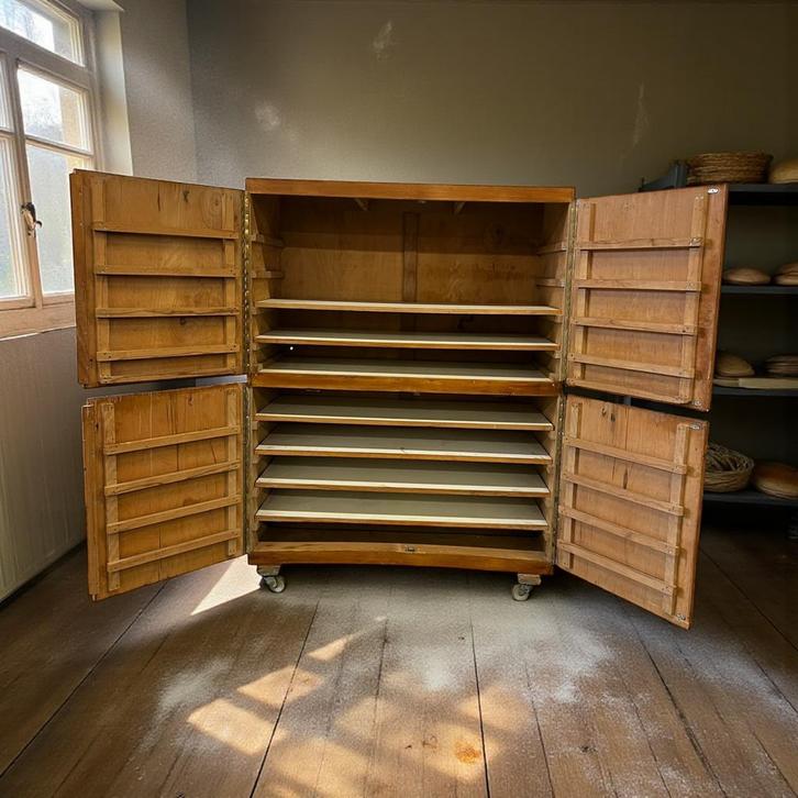 Vintage houten bakkerskast / diepe industriele kast, Antiek en Kunst, Antiek | Woonaccessoires, Ophalen