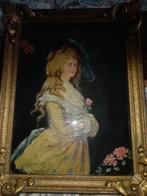 Oud olieverfschilderijtje op stof niet gesign., Antiek en Kunst, Ophalen