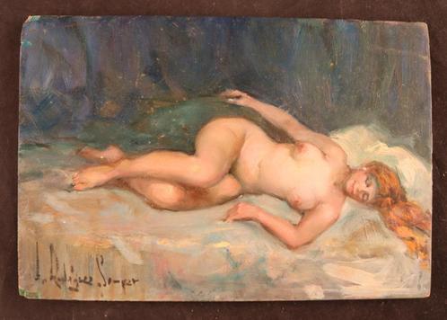 Klein olieverfpaneeltje met liggend naakt, Antiek en Kunst, Kunst | Schilderijen | Klassiek, Ophalen of Verzenden