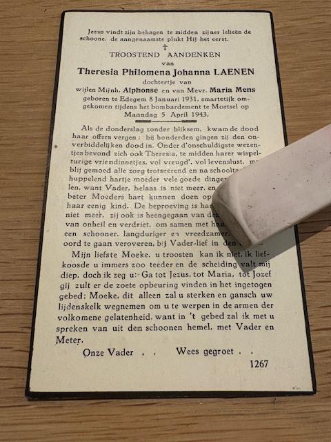 Oorlogsslachtoffer Mortsel 1943 LAENEN, Verzamelen, Bidprentjes en Rouwkaarten, Bidprentje, Ophalen of Verzenden