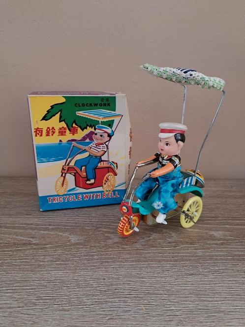 Vintage blikken tricycle met doos, Verzamelen, Speelgoed, Ophalen of Verzenden