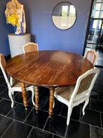 Antieke ronde tafel met 8 stoelen met rieten zitting en rug, Antiek en Kunst, Ophalen