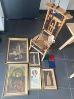 religieuze voorwerpen: kerkstoel, kaders, paternosters,.., Antiek en Kunst, Ophalen