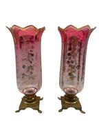 Paar kandelaars messing verguld rood glaswerk 1900, Antiek en Kunst, Ophalen of Verzenden, Glas