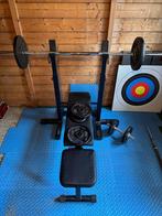 Bench (halterbank) + halters (dumbell en barbells) + weights, Sport en Fitness, Fitnessmaterialen, Ophalen, Gebruikt, Rug, Fitnessbank