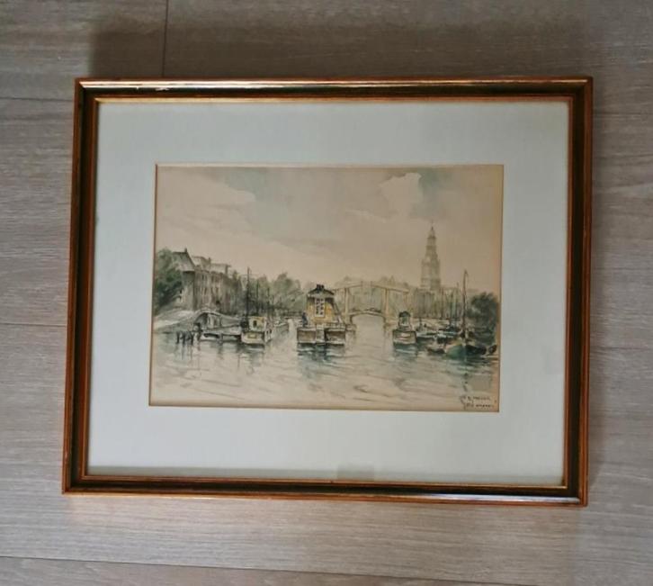 Aquarel "de Amstel"- Amsterdam , Gesigneerd: E. Meyer, Antiek en Kunst, Kunst | Schilderijen | Klassiek, Ophalen of Verzenden