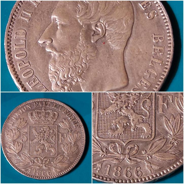 België 5 frank zilver Leopold II 1866 - zonder punt na F, Timbres & Monnaies, Monnaies | Belgique, Monnaie en vrac, Argent, Argent