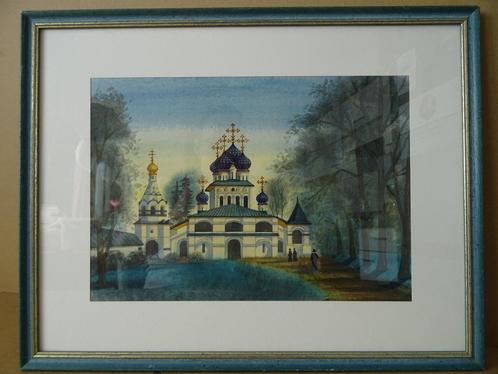 Aquarel met othodoxe kathedraal of aquarel kerk 1995 Pools ?, Verzamelen, Religie, Zo goed als nieuw, Christendom | Katholiek