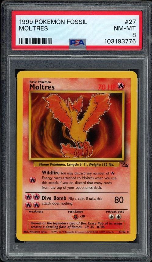 Moltres PSA 8 - 27/62 - Fossil 1999, Hobby en Vrije tijd, Verzamelkaartspellen | Pokémon, Zo goed als nieuw, Losse kaart, Verzenden