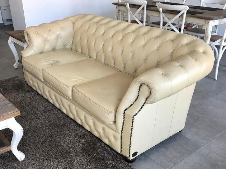 Chesterfield crème, Maison & Meubles, Canapés | Salons, Utilisé, Banc droit, Trois personnes, 150 à 200 cm, 75 à 100 cm, Cuir