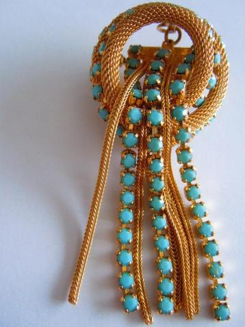 Broche vintage dorée avec pierres en pâte de verre turquoise