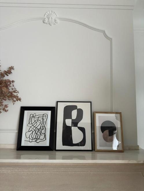 3 zwarte en bruine kaders met abstracte prenten designs, Antiquités & Art, Art | Peinture | Abstraite, Enlèvement