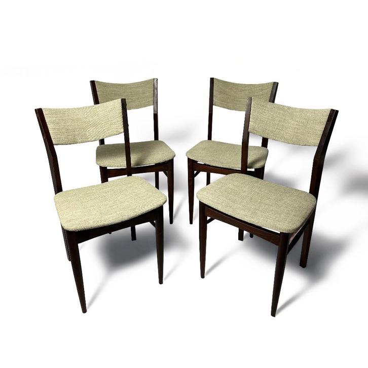 Set van 4 vintage stoelen in Deense stijl, Huis en Inrichting, Stoelen, Gebruikt, Vier, Hout, Stof, Bruin, Ophalen