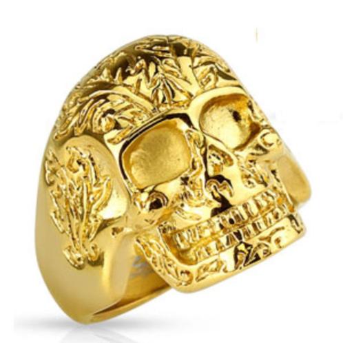 Goudkleurige stalen skull doodskop bikerring, Motoren, Accessoires | Overige, Nieuw, Ophalen of Verzenden