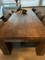 Bruin teak eettafel + 8 stoelen, Comme neuf, Rectangulaire, Teck, Enlèvement