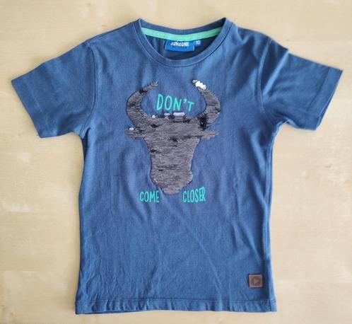 Blauwe t-shirt stier met pailletten, maat 110, Kinderen en Baby's, Kinderkleding | Maat 110, Zo goed als nieuw, Jongen, Shirt of Longsleeve