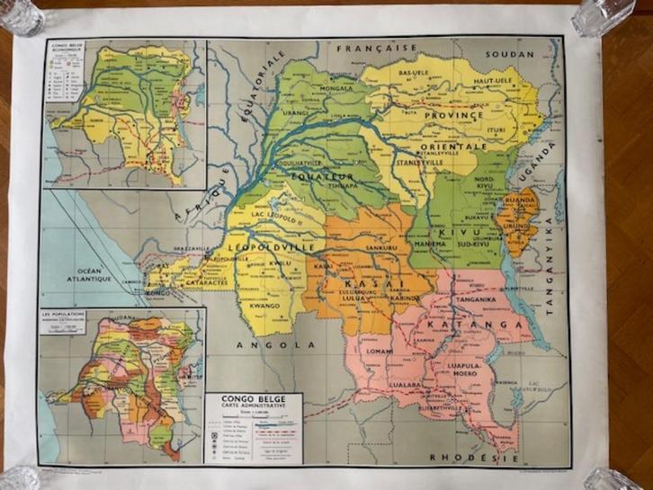 Congo Belge Grote Wandkaart circa 1950, Boeken, Atlassen en Landkaarten, Zo goed als nieuw, Landkaart, Overige gebieden, 1800 tot 2000