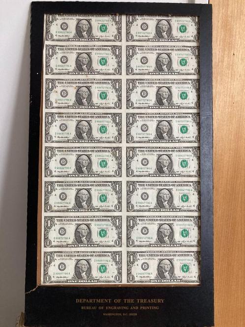 Blad met 16 authentieke ongesneden biljetten van USD 1, Postzegels en Munten, Bankbiljetten | Amerika, Setje, Noord-Amerika, Ophalen of Verzenden