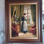 Houten kader met handgeborduurde doek, Huis en Inrichting, Woonaccessoires | Schilderijen, Tekeningen en Foto's, Ophalen of Verzenden