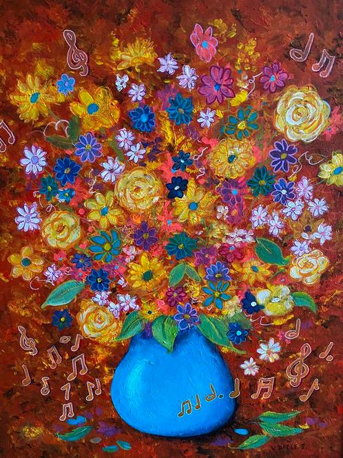 Zingende fleurige bloeme op doek. V Daele I., Antiek en Kunst, Kunst | Schilderijen | Modern, Ophalen