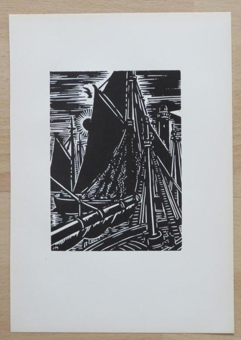 Houtsnede van Frans Masereel: Oostende-de vissershaven, Antiek en Kunst, Kunst | Etsen en Gravures, Verzenden