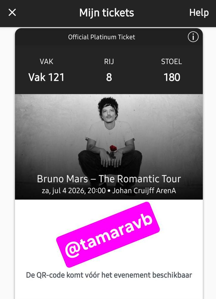 Billet Amsterdam Bruno Mars 1x/4 juillet 2026, Tickets & Billets, Concerts | Pop, Une personne, Juillet