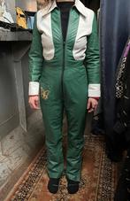Vintage jaren 70 groen/wit lederen motorpak met rode voering, Motoren, Kleding | Motorkleding, Ophalen, Tweedehands, Dames, Motorcrosskleding