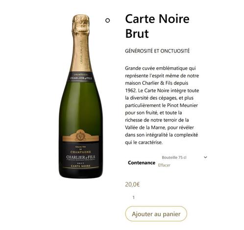 Champagne Charlier & Fils Carte Noir Brut, Collections, Vins, Neuf, Champagne, France, Enlèvement