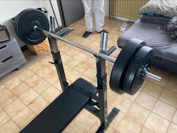 Bench press + halter, Sport en Fitness, Ophalen, Zo goed als nieuw, Borst, Krachtstation