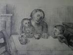 litho Jean Timmermans moeder met baby en kind aan tafel, Antiek en Kunst, Ophalen of Verzenden