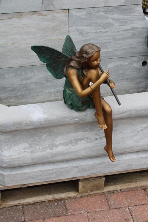 Standbeeld van de Grote Elf met de fluit in gepatineerd bron, Tuin en Terras, Tuinwanddecoratie, Nieuw, Ophalen